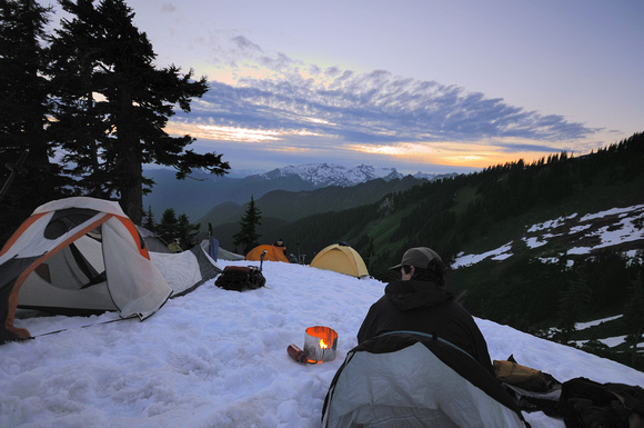Alpine camp at sunset